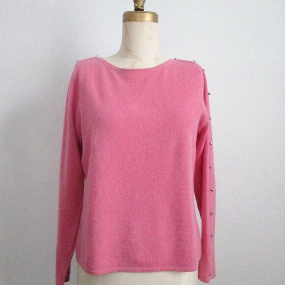 Rose Pink Cashmere Sweater Rhinestone Button Detail on Shoulders and Sleeves - Picture 2 of 11